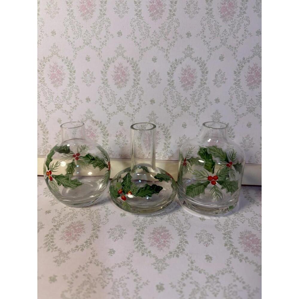 Two’s Company Hand Painted Holly Glass Bud‎ Vases Set of 3 Mini Christmas Decor